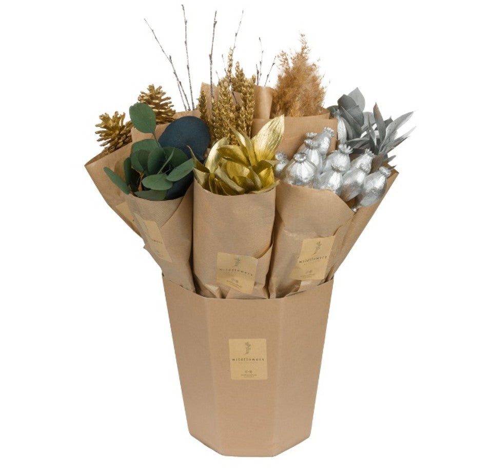 Dried Flowers - Designer Bucket - Gold Silver