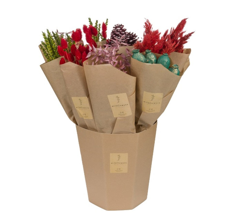 Dried Flowers - Designer Bucket - Red Green Silver