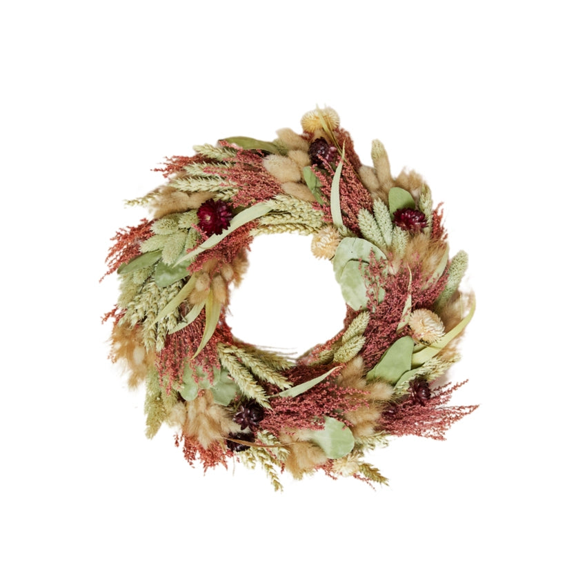 Rosewood dried flower wreath of preserved rose-toned blooms