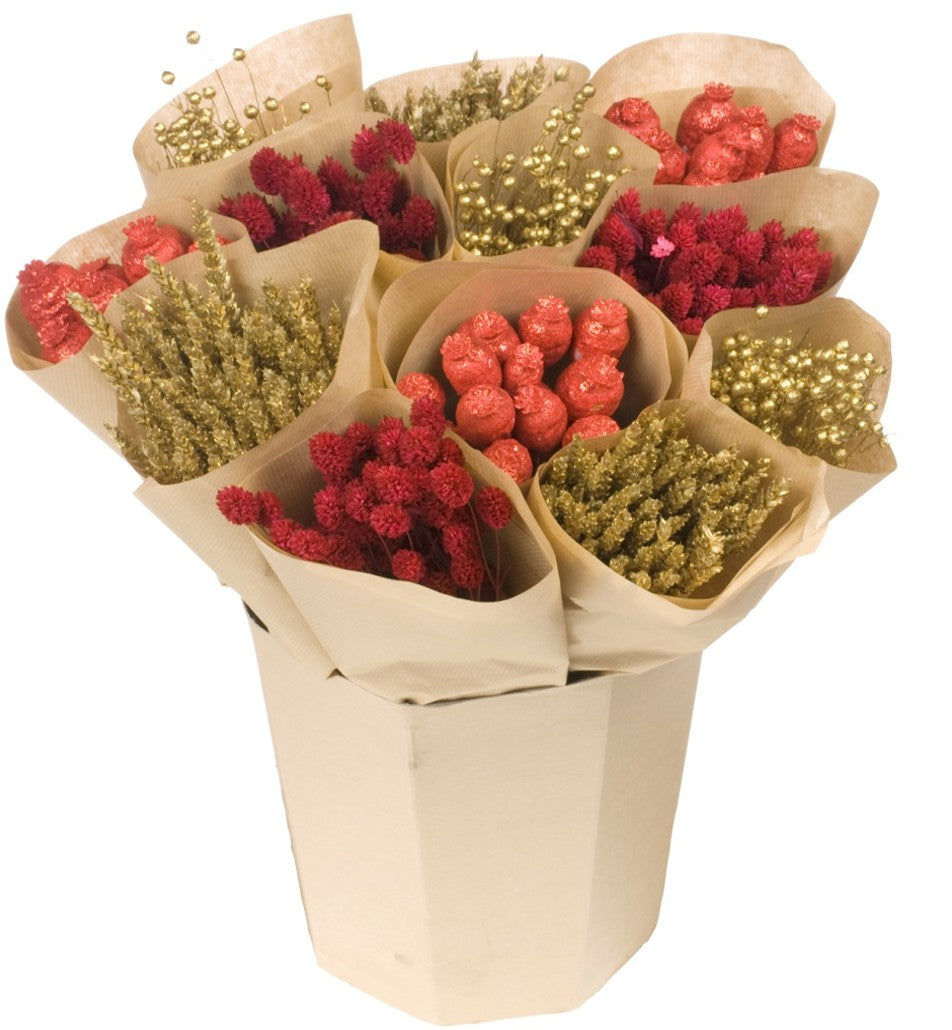 Dried Flowers - Designer Bucket - Red Gold Glitter