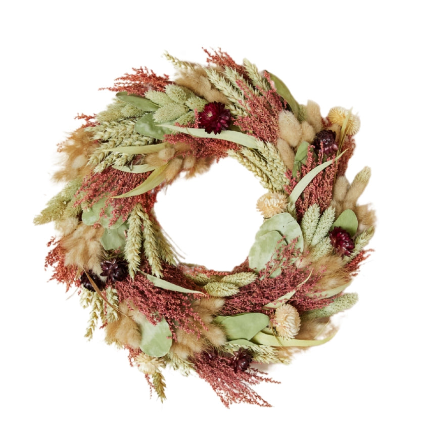 Rosewood dried flower wreath of preserved rose-toned blooms