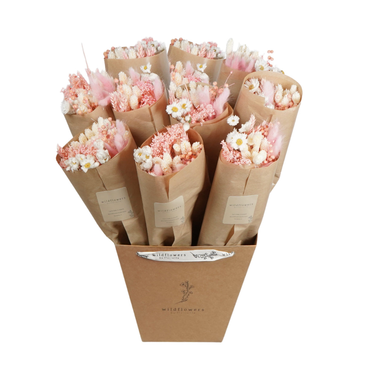 Blush dried market bouquet of preserved blush, peach and cream florals